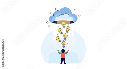 Person receiving brilliant ideas from a glowing cloud, symbolizing innovation and inspiration.