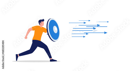 Resilient businessman defends against challenges using a shield, symbolizing protection and strategy