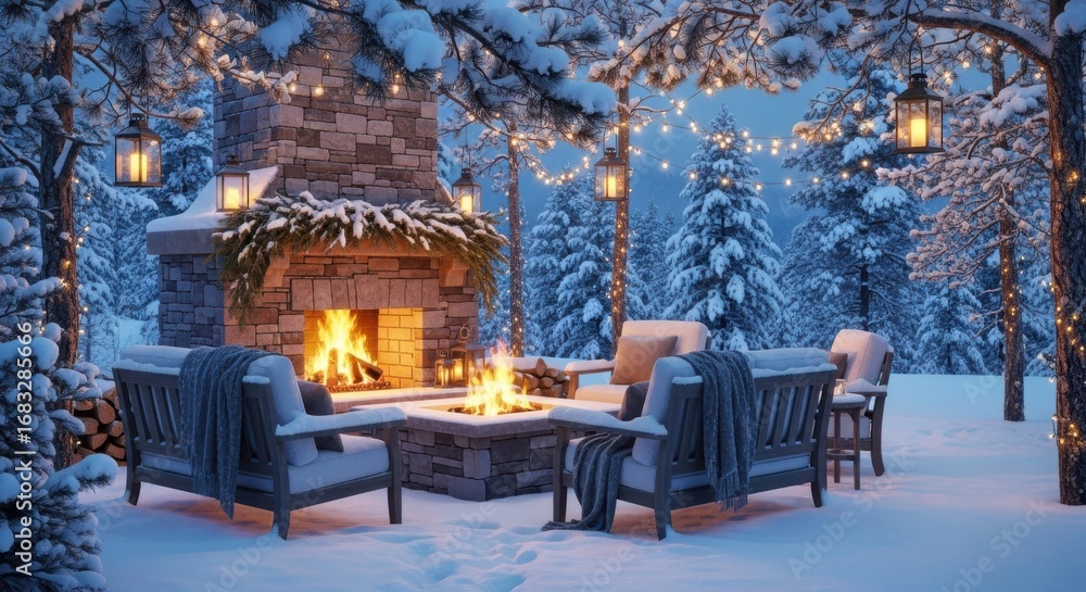 Obraz premium Cozy Winter Evening Outdoor Fireplace Gathering in a Snowy Forest