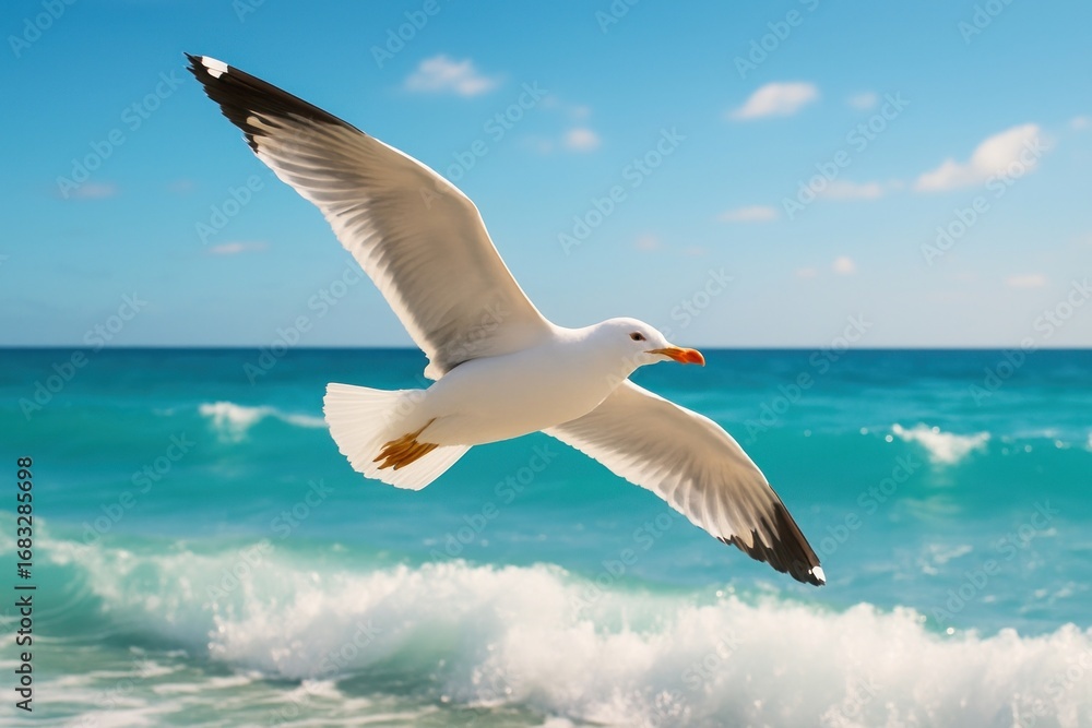 Obraz premium Seagull soaring over ocean waves.