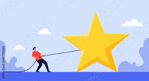 Determined person pulls giant golden star, striving for success and recognition in a bright, stylized world.