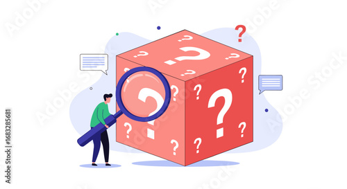 Curious individual examines giant question mark cube with magnifying glass, seeking answers and clarity.
