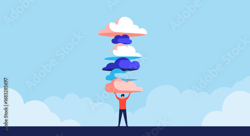 Determined person balancing stacked clouds against blue sky, symbolizing ambition and success