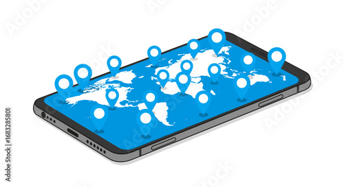 Global connectivity concept: smartphone displays world map with multiple location pins indicating worldwide reach