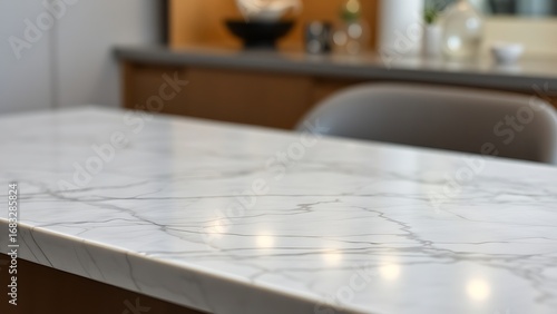 Minimalist marble tabletop with subtle veining, showcasing elegance and simplicity in a soft-focused setting.