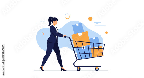 Professional woman pushes full shopping cart, representing business growth and successful commerce