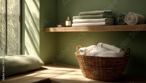 A serene laundry room scene bathed in natural light