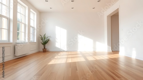 Minimalist living space with wooden floors and white walls, bathed in soft natural light for a tranquil ambiance.