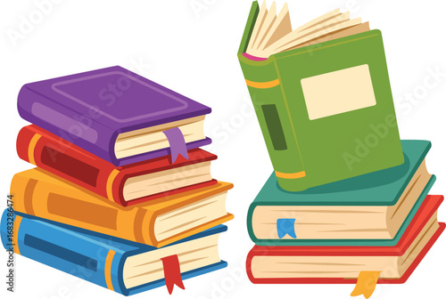 Cartoon books and school textbooks with bookmark, reading literature concept, stacked and open and stack book, library and bookshelf elements, study and education design. Vector isolated set on white 