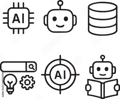 Artificial intelligence and robot icons set chip processor