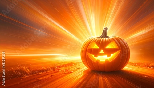 Wallpaper Mural Spooky Halloween Jack-o-Lantern glowing on a bright orange background with mysterious motion blur zoom Torontodigital.ca