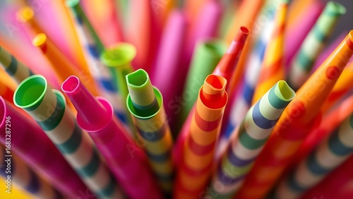 Colorful party horns arranged in a vibrant pattern, evoking festive celebration and joy.