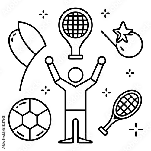 Dynamic line icons. Soccer ball, basketball, tennis racket, baseball bat, swimming, running, rock climbing, golf, victory (raised arms), medal.