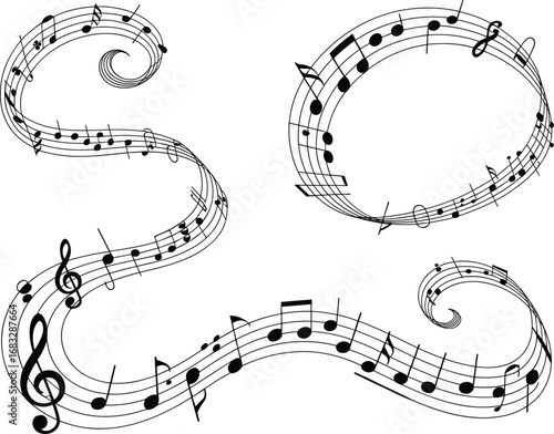 Music notes wave. Flowing musical staff lines with notes, clefs and melody rhythm patterns in dynamic circular, spiral and wavy shapes. Elegant swirling compositions for music posters. Vector set on w