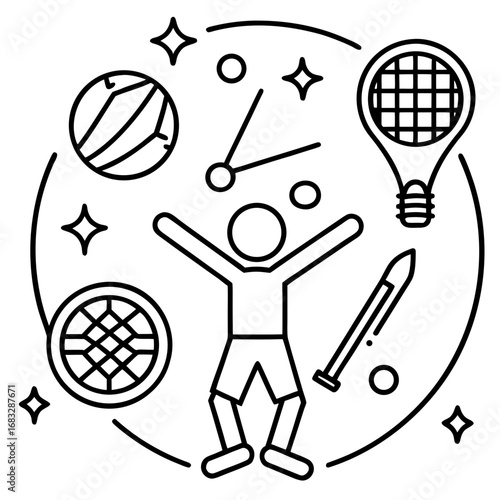 Dynamic line icons. Soccer ball, basketball, tennis racket, baseball bat, swimming, running, rock climbing, golf, victory (raised arms), medal.