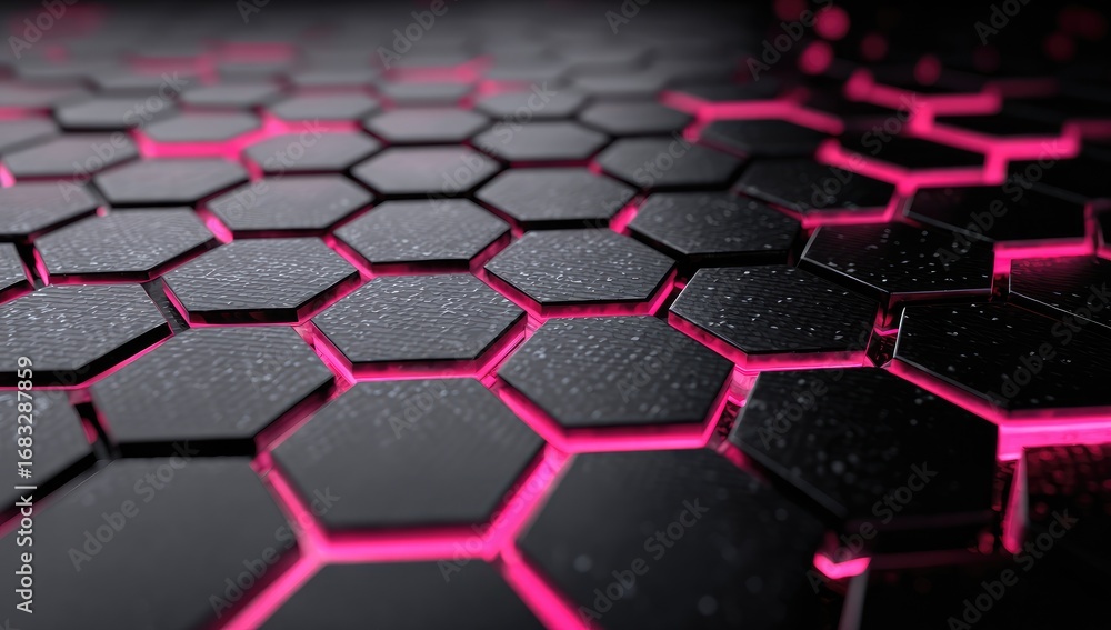 Fototapeta premium Abstract hexagonal grid, dark gray panels with vibrant pink inner glow