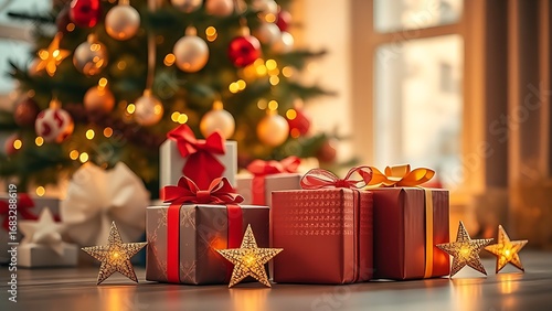 Festive holiday setup with decorated tree and gift boxes, evoking warmth and seasonal joy.