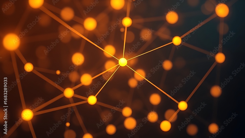 Obraz premium Abstract network of glowing nodes and lines in warm tones against a dark sophisticated backdrop.