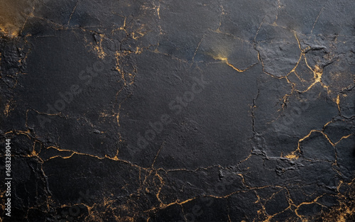 Black Grunge Cement Wall with Golden Veins – Luxury Texture Background. Grunge Concrete Wall with Gold Lines