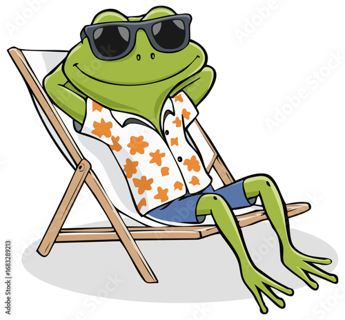 Cartoon frog wearing a Hawaiian print shirt, sunglasses and lounging in a reclining chair 