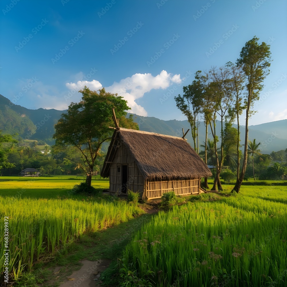 A hut in the middle of green rice fields A hut in the middle of green rice fields