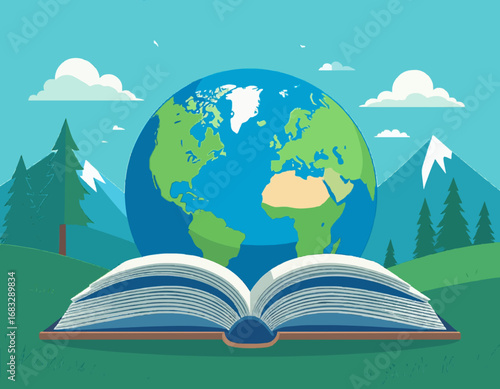 Open book with earth globe above simple style green landscape mountains trees nature education learning