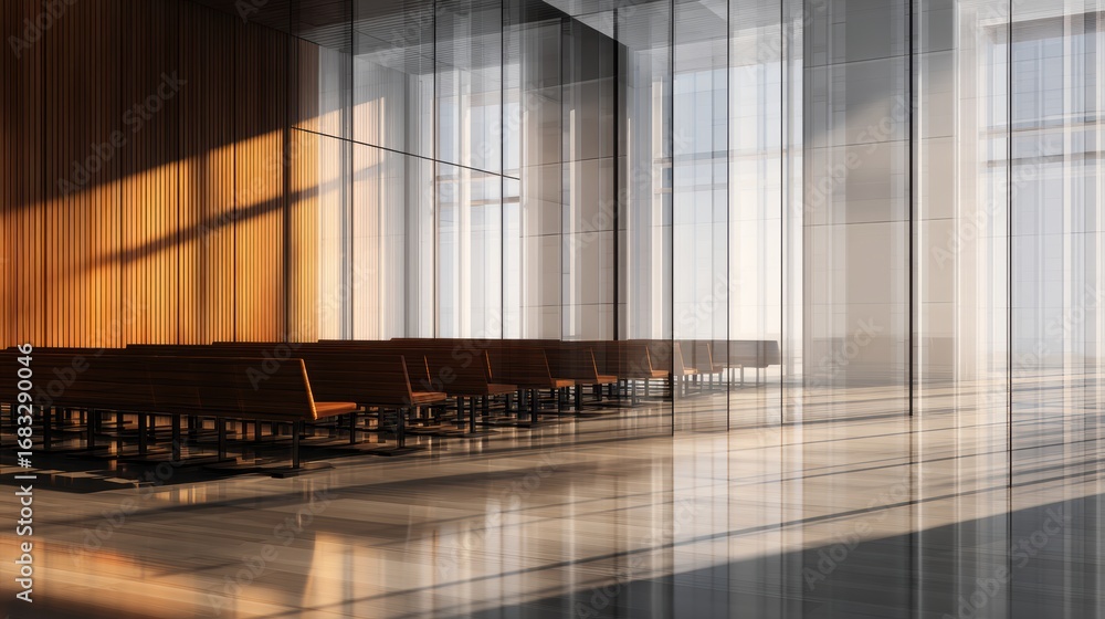 Fototapeta premium Modern architectural interior with wooden benches and glass walls, sunlight streaming through, creating a serene atmosphere