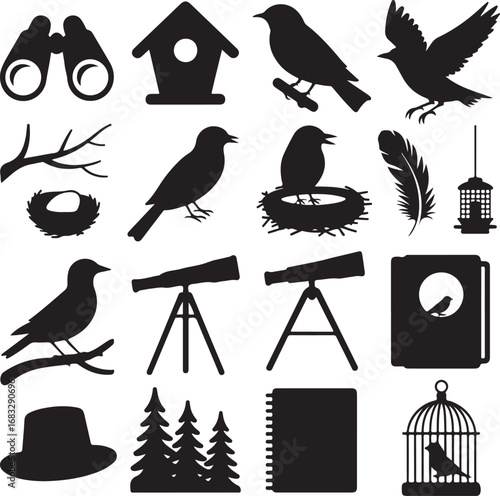 Birdwatching And Nature Icons Silhouette Collection binoculars birdhouse