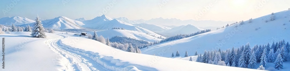 Obraz premium Rolling hills blanketed in pristine white snow, a serene winter landscape bathed in soft sunlight Perfect for winter wonderland, nature, travel, and seasonal themes , calm, countryside