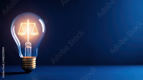 A glowing light bulb featuring a scale symbolizing justice, set against a dark blue background