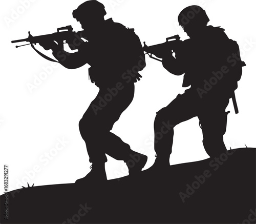 Two soldiers in silhouette advancing with rifles on a grassy hill military army