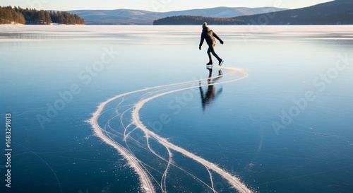 Person ice skating on a vast frozen lake at sunset