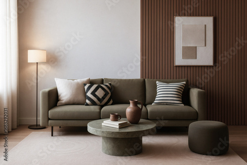 Minimalist living room with dark green sofa, neutral pillows, round stone coffee table, and floor lamp for modern cozy design.