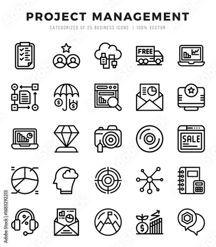 Collection of Project Management 25 Lineal Icons Pack.