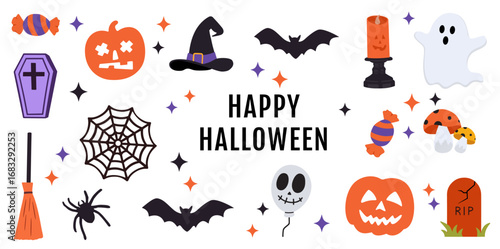 Happy Halloween set of elements, ghost, pumpkin, bat. Vector is cute illustration in hand drawn style