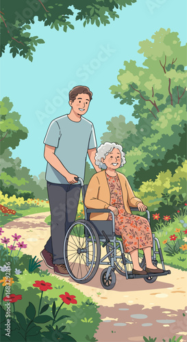 Vector of family member pushing wheelchair outdoors