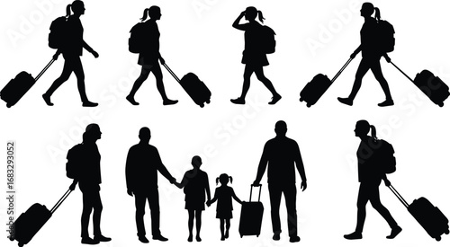 Silhouette of people and family traveling with luggage at airport, showing walking poses, journey, vacation, tourism, and travel scenes.