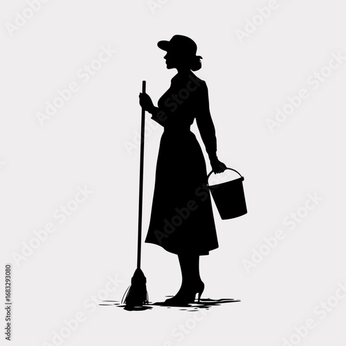 Cleaning Person Broom Drawing Graphic Element, Lady Cleaning Person Icon Black Symbol Silhouette Graphic Design