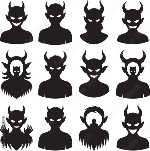 Devil and Demon Character Silhouettes with Horns and Grins vector illustration