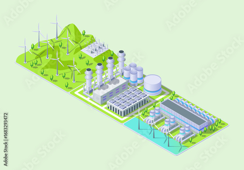 Cartoon Color Windmill, Gas Thermal Power Plant and Hydrogen Center Industrial Energy Building Concept 3d Isometric View . Vector illustration