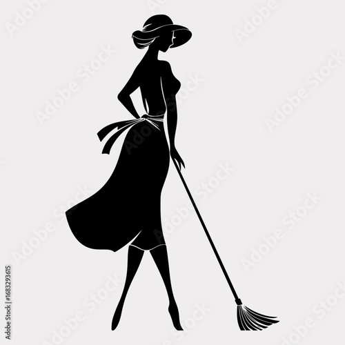 Cleaning Person Broom Drawing Graphic Element, Lady Cleaning Person Icon Black Symbol Silhouette Graphic Design