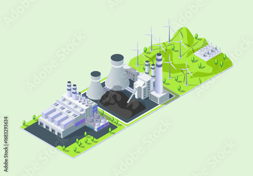 Cartoon Color Windmill, Coal and Garbage Power Plant Industrial Energy Building Concept 3d Isometric View. Vector illustration