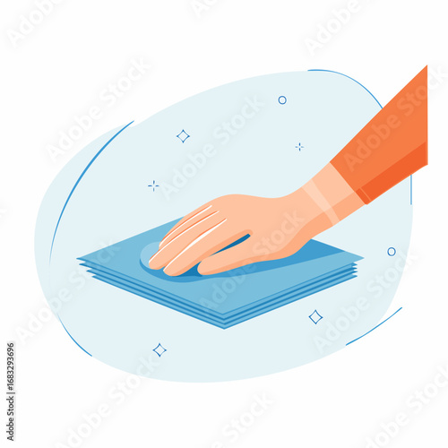 Hand Wiping Clean Surface With Blue Cloth
