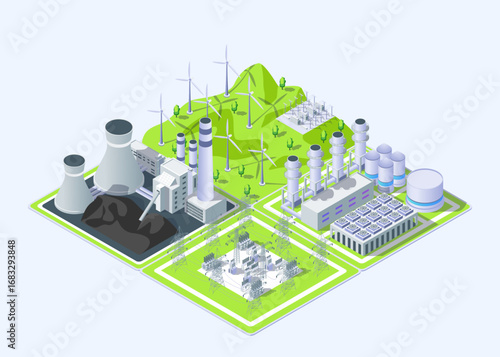 Cartoon Color Windmill, Coal, Gas Thermal Power Plant and Electric Substation Industrial Energy Building Concept 3d Isometric View. Vector illustration