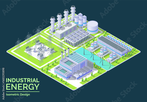 Cartoon Color Gas Thermal Power Plant, Electric Substation and Hydrogen Center Industrial Energy Building Concept 3d Isometric View. Vector illustration