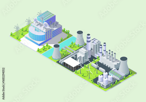Cartoon Color Power Grid Control Center, Combined Energy Sources and Thermal Power Plant Industrial Energy Building Concept 3d Isometric View. Vector illustration