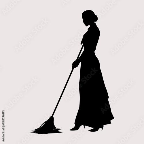 Cleaning Person Broom Drawing Graphic Element, Lady Cleaning Person Icon Black Symbol Silhouette Graphic Design