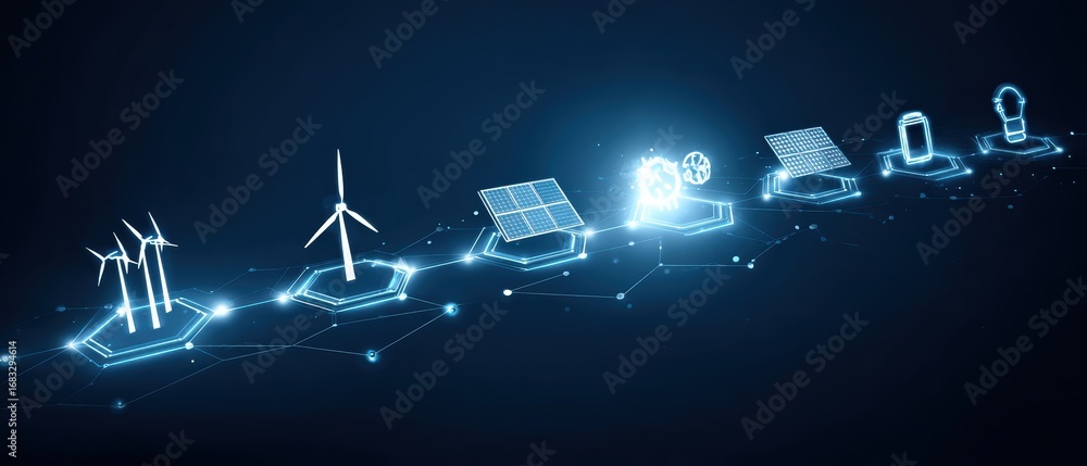 Naklejka premium Powering the Future: An artistically rendered representation showcases the evolution of green energy sources, including wind turbines and solar panels, offering a glimpse into a sustainable.