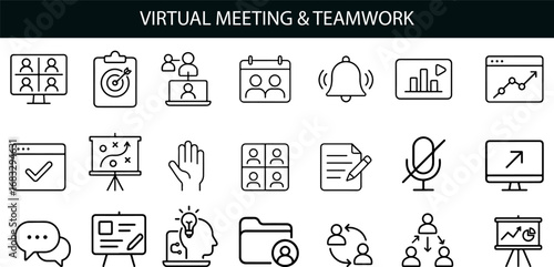 Virtual Meeting and Teamwork Icon Set for Remote Collaboration, Business UI, and Productivity Design