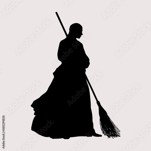 Cleaning Person Broom Drawing Graphic Element, Lady Cleaning Person Icon Black Symbol Silhouette Graphic Design